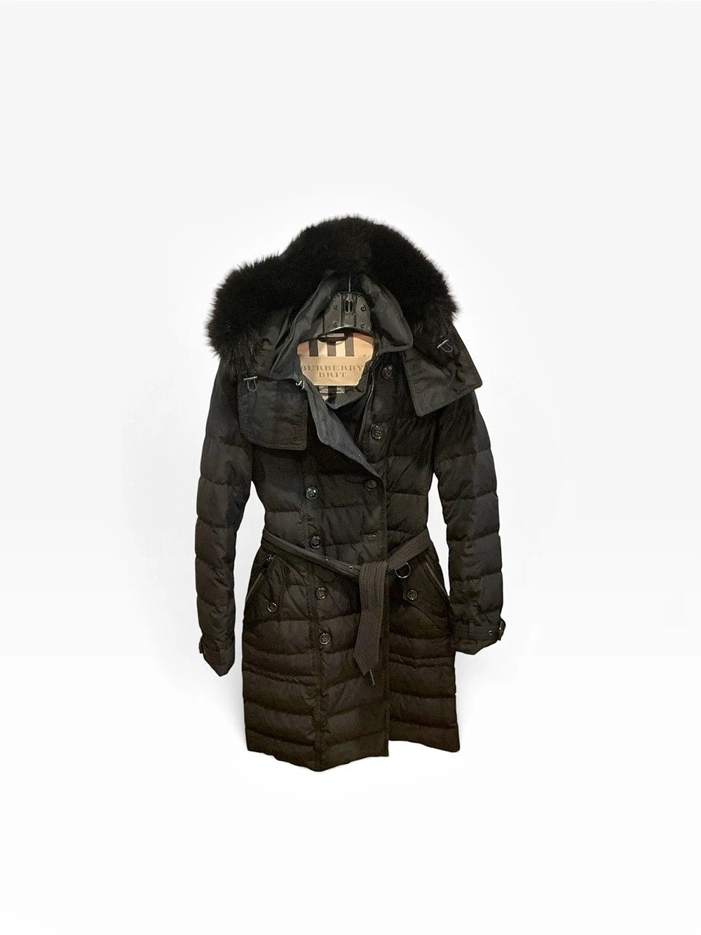 Burberry Brit Quilted Puffer Down Coat in Black Size X Small with removable hood